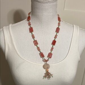 Handcrafted Beaded Necklace with Pink and Green Accents!
